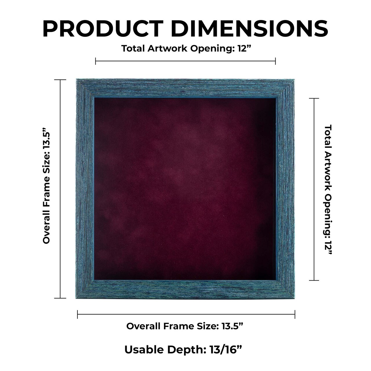 Rustic Blue Wood Shadow Box Frame with Acrylic Front - Dark Red Suede Backing, 30 Sizes